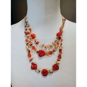 Coral Colored 3 Strand Necklace Bracelet & Earring Set Various Shaped Nuggets